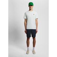 Navy Lyle & Scott men's cotton-blend twill shorts with side pockets and button closure.