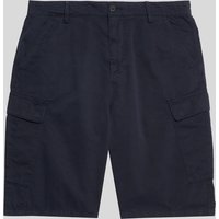 Navy blue cotton cargo shorts with side pockets and button closure.