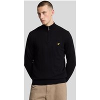 Jet black Lyle & Scott men's 1/4 zip jumper, cotton merino blend, with embroidered yellow logo on chest.