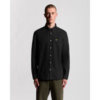 Jet black cotton Oxford shirt with button-down collar, long sleeves, and embroidered logo on chest.