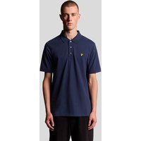 Navy cotton polo shirt with short sleeves, buttoned collar, and yellow eagle logo on chest.