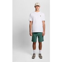 Green cotton sweat shorts with elastic waistband and Lyle & Scott logo, worn by a model with a white tee and cap.