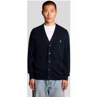 Navy cotton V-neck cardigan with button closure and yellow logo on chest, worn by a model over a white shirt.