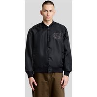 Black Lyle & Scott varsity jacket with embroidered crest, button-up front, ribbed cuffs, and collar.