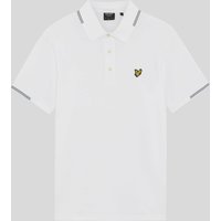 White Lyle & Scott polo shirt with grey tipped collar and sleeves, featuring a yellow eagle logo on the chest.