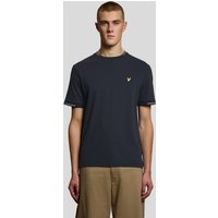 Blue Lyle & Scott men's cotton T-shirt with white tipped edges and embroidered yellow logo on chest.