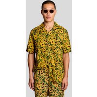 Yellow Lyle & Scott men's floral graphic resort shirt with short sleeves and button-up front.