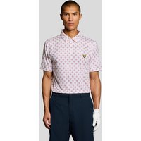 White Lyle & Scott men's golf polo with red argyle print, short sleeves, and embroidered logo on chest.