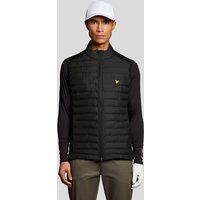 Black Lyle & Scott men's golf quilted gilet with zip front, high collar, and yellow logo on chest.