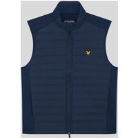 Blue Lyle & Scott men's quilted gilet with zip closure, sleeveless design, and yellow logo on chest.