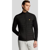 Black Lyle & Scott men's golf hybrid quilted jacket with full zip, stand collar, and yellow logo on chest.