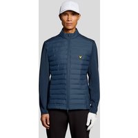 Blue Lyle & Scott men's golf hybrid quilted jacket with zip front, stand collar, and logo on chest.