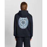 Navy Lyle & Scott men's hoodie with large graphic badge on back, featuring white and light blue circular design.