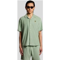 Green Lyle & Scott men's honeycomb effect towelling shirt with short sleeves and button-up front.