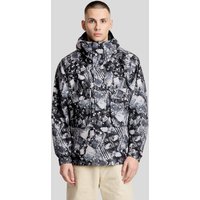 Black hooded smock jacket with industrial print, featuring adjustable drawstrings and front pocket, worn by a male model.