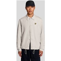 Grey Lyle & Scott men's lightweight coach jacket with button front, collar, and embroidered logo on chest.