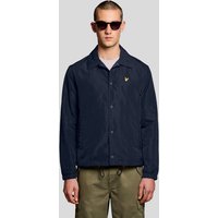 Navy Lyle & Scott men's lightweight coach jacket with button front, collar, and embroidered logo on chest.