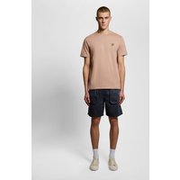 Navy linen blend shorts with elastic waistband and side pockets, worn by a model with a beige T-shirt.