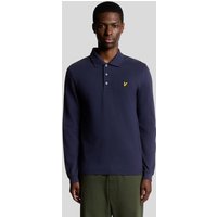 Navy long sleeve cotton polo shirt with button placket and yellow logo on chest.
