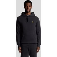 Dark navy Lyle & Scott men's hoodie with drawstring hood, kangaroo pocket, and yellow eagle logo on chest.