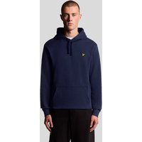 Navy Lyle & Scott hoodie with loopback cotton, drawstring hood, kangaroo pocket, and yellow eagle logo on chest.