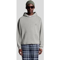 Light grey marl pullover hoodie with kangaroo pocket and small embroidered logo, worn by a model in plaid pants.