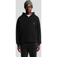 Jet black Lyle & Scott men's zip through hoodie with front pockets, hood, and embroidered logo on chest.