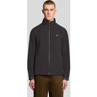 Grey Lyle & Scott men's softshell jacket with mesh back, high collar, front zipper, and yellow logo on chest.