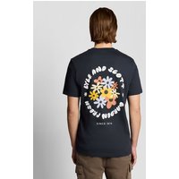 Navy Lyle & Scott men's t-shirt with colorful nature graphic and brand text on back.