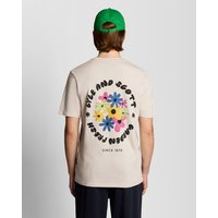 White Lyle & Scott men's T-shirt with colorful nature graphic print on back, featuring flowers and text.