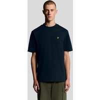 Dark navy oversized cotton crew neck t-shirt with short sleeves and yellow logo on chest.