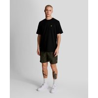 Olive green men's swim shorts by Lyle & Scott, featuring an elastic waistband and small logo on the left leg.