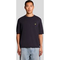 Navy Lyle & Scott men's relaxed fit knitted t-shirt with short sleeves and yellow logo on chest.
