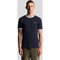 Dark navy Lyle & Scott ringer T-shirt with white crew neck and sleeve trim, featuring a small yellow logo on the chest.