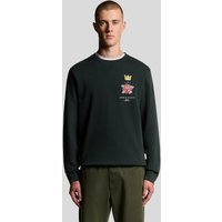 Dark navy crew neck sweatshirt with rose and crown graphic on chest, worn by male model.