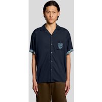 Blue short sleeve shirt with button front, heart logo on chest, and contrasting trim by Lyle & Scott.