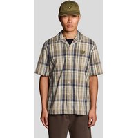 Green checkered short sleeve linen blend shirt by Lyle & Scott, featuring a classic collar and embroidered logo.