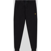 Jet black skinny fit cotton joggers with elastic waistband, drawstring, and yellow logo on left thigh.