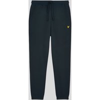 Dark navy slim fit cotton joggers with drawstring waist and yellow logo on left thigh.