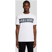 White Lyle & Scott men's T-shirt with bold chest logo in black, short sleeves, and crew neck.