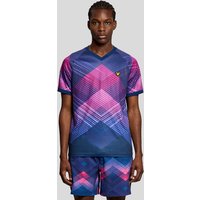 Navy Lyle & Scott men's sports T-shirt with pink chevron pattern and V-neck, featuring a small yellow logo on the chest.