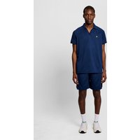 Navy Lyle & Scott men's football shorts with embossed logo, elastic waistband, and side pockets.