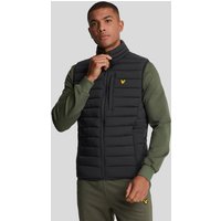 Jet black Lyle & Scott men's lightweight puffer jacket with horizontal quilting and yellow logo on chest.