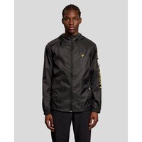 Black Lyle & Scott men's lightweight training jacket with hood, zip closure, and yellow logo on chest and sleeve.
