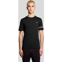 Black Lyle & Scott men's sports T-shirt with sleeve detail, featuring a small yellow logo on chest and grey stripe on sleeve.
