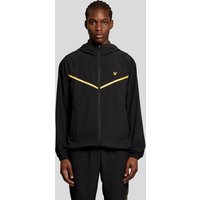 Black Lyle & Scott track jacket with yellow chest stripes and hood, featuring the brand's eagle logo on the chest.