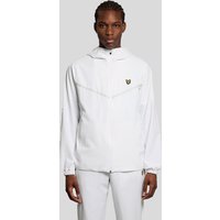 White Lyle & Scott track jacket with sports stripe, hood, and embroidered logo on chest.