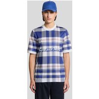 Blue tartan check football shirt with white collar and "Lyle & Scott" text across chest.