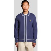 Blue Lyle & Scott men's full zip knitted jumper with white tipped collar and cuffs, featuring embroidered logo on chest.
