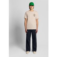 Navy pleated trousers with a washed finish, straight leg, and classic fit, worn by a model with a beige shirt and green cap.